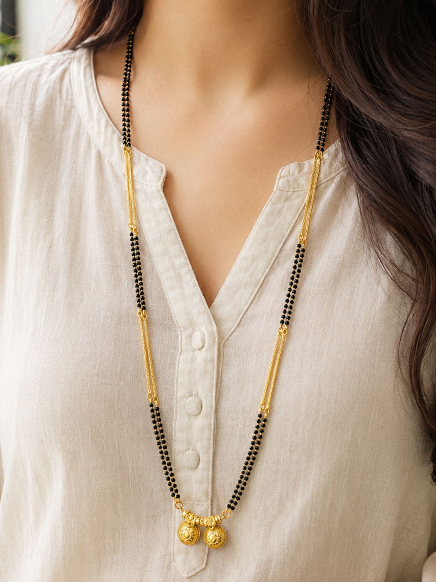 Gold Plated Two Vati Pendant Double Line Long Mangalsutra Design