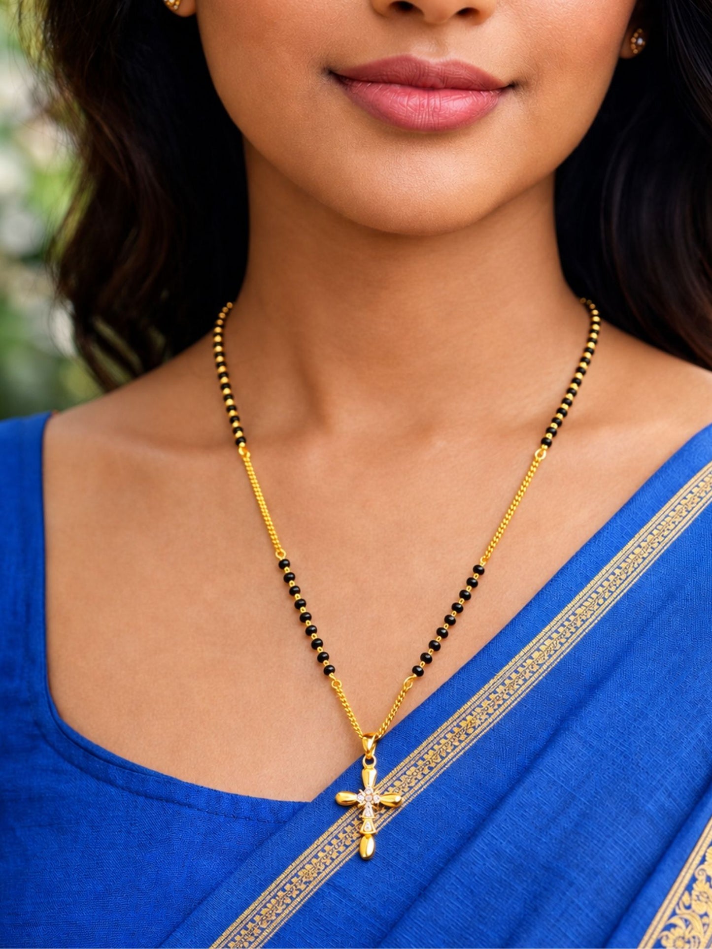 Cross Pendant Short Mangalsutra Design Black Beads Necklace