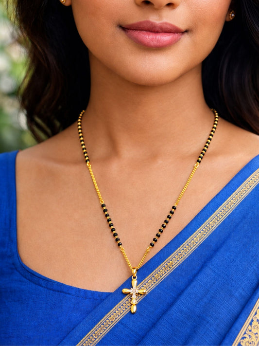 Cross Pendant Short Mangalsutra Design Black Beads Necklace