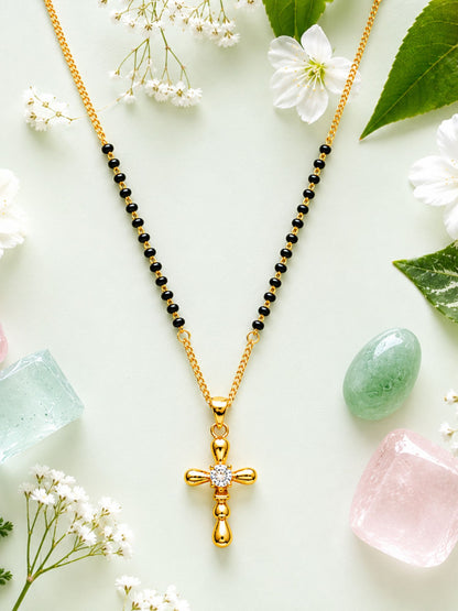 Cross Pendant Short Mangalsutra Design Black Beads Necklace