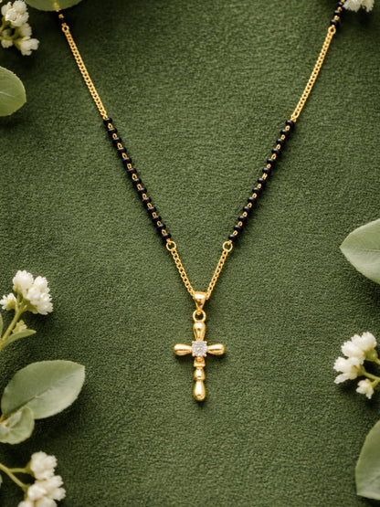 Cross Pendant Short Mangalsutra Design Black Beads Necklace