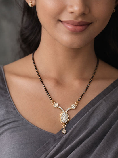 Gold Plated Oval Pendant Short Mangalsutra Design Black Beads