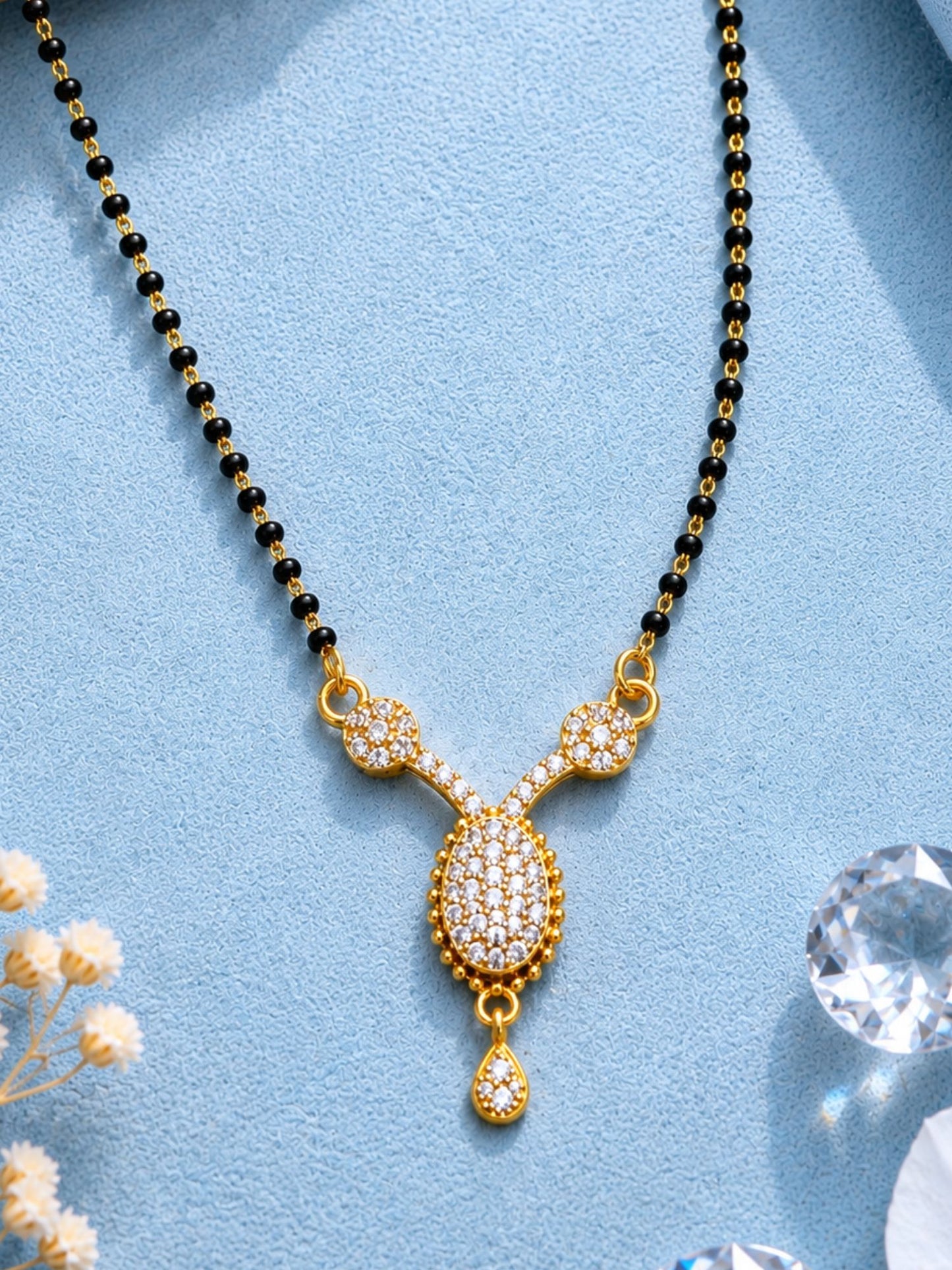 Gold Plated Oval Pendant Short Mangalsutra Design Black Beads