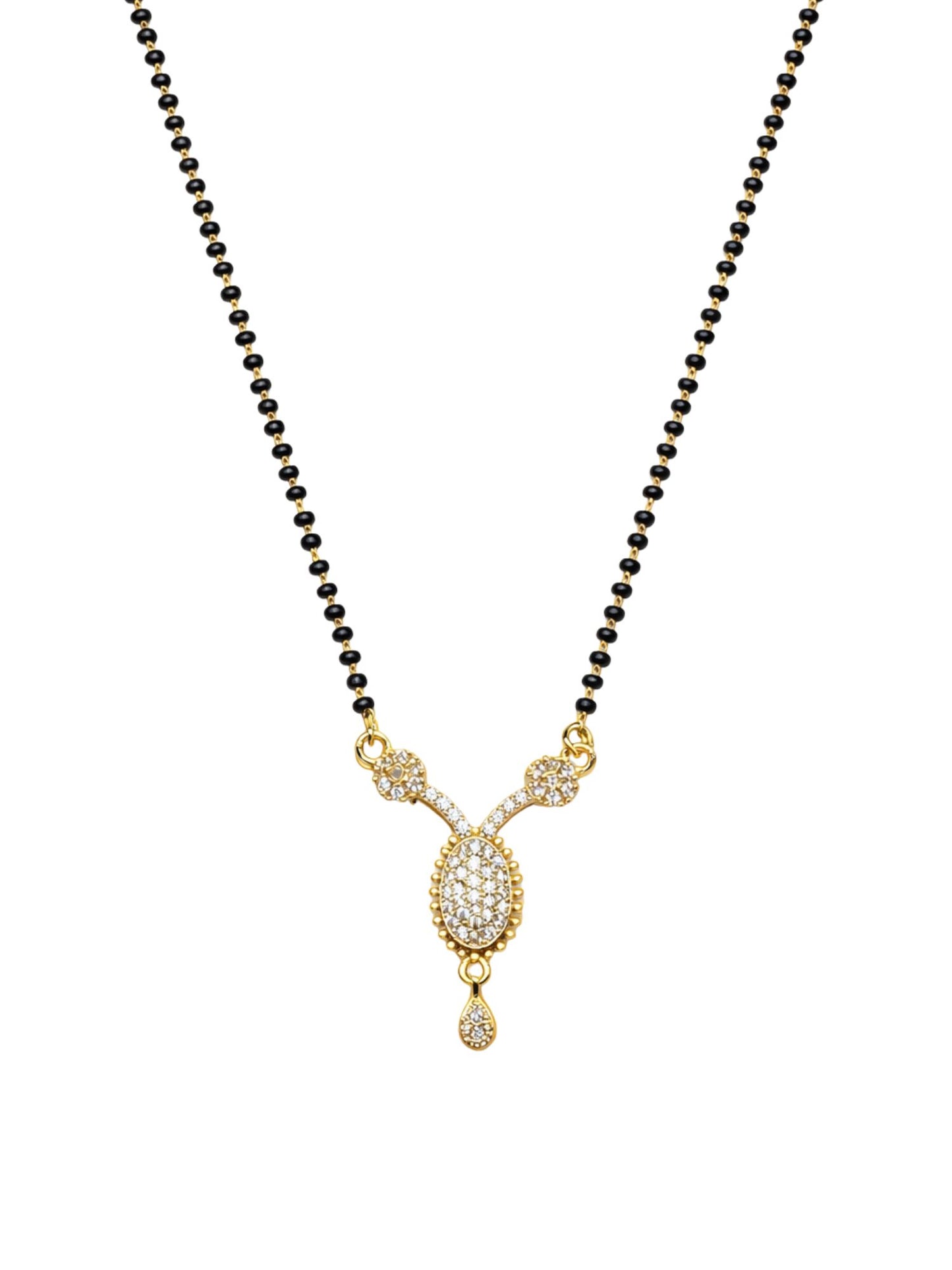 Gold Plated Oval Pendant Short Mangalsutra Design Black Beads