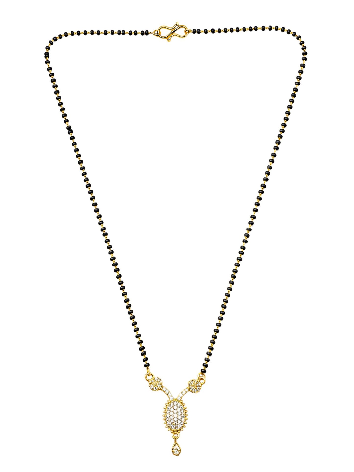 Gold Plated Oval Pendant Short Mangalsutra Design Black Beads