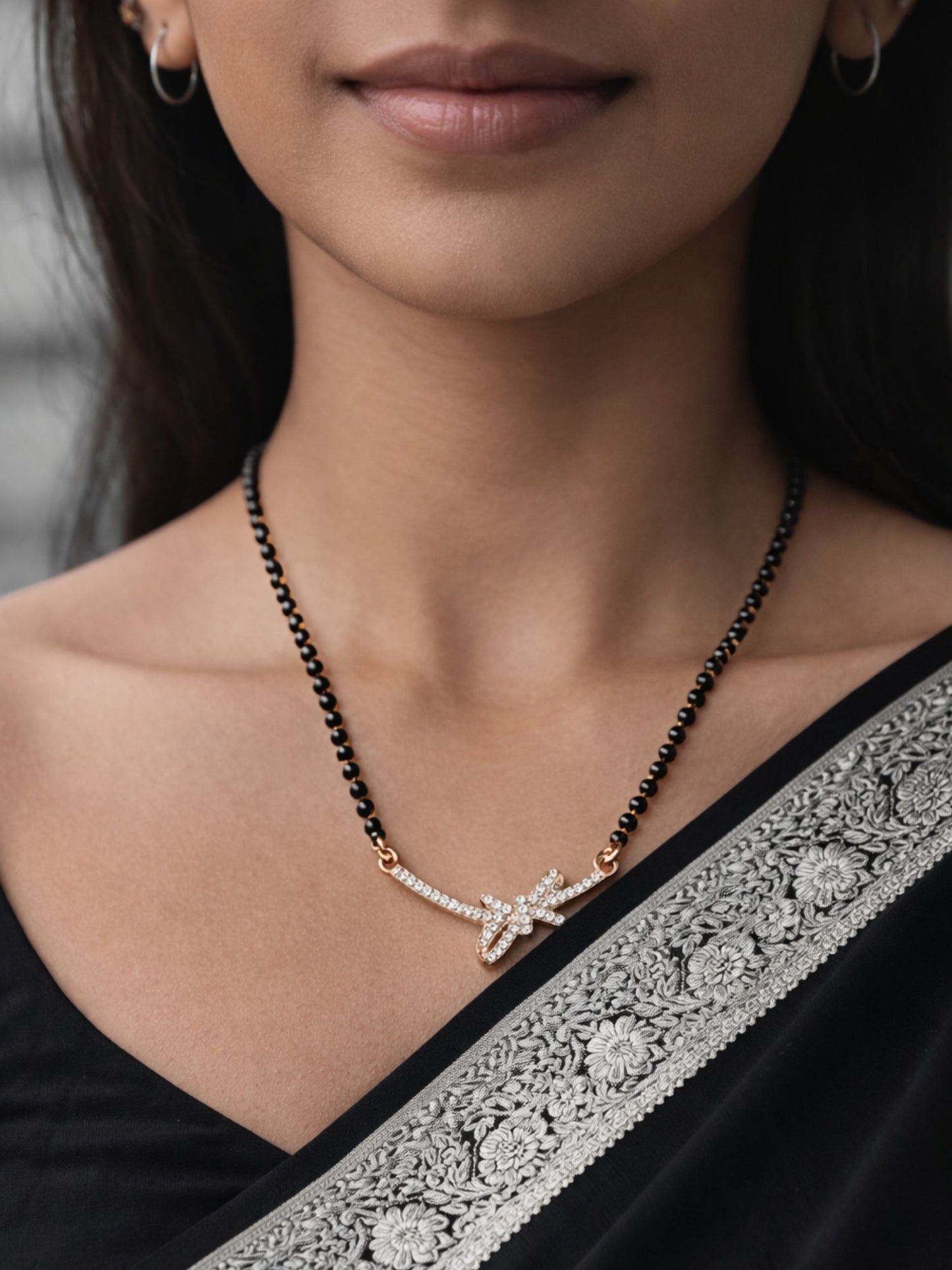 Gold Plated Diamond Bow Pendant Short Mangalsutra Design