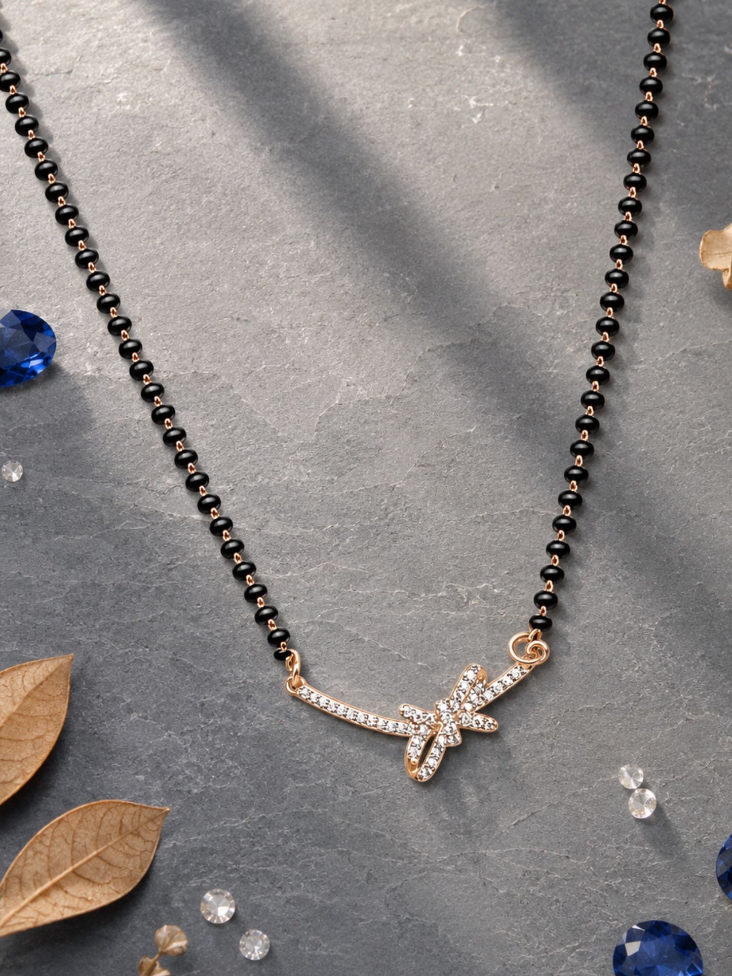 Gold Plated Diamond Bow Pendant Short Mangalsutra Design