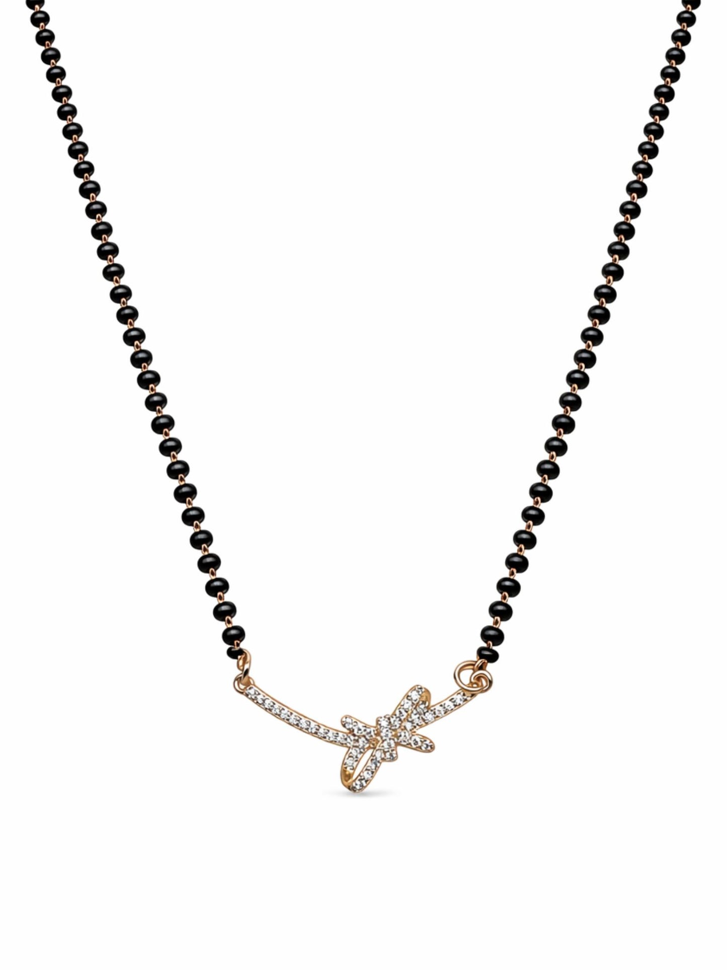 Gold Plated Diamond Bow Pendant Short Mangalsutra Design