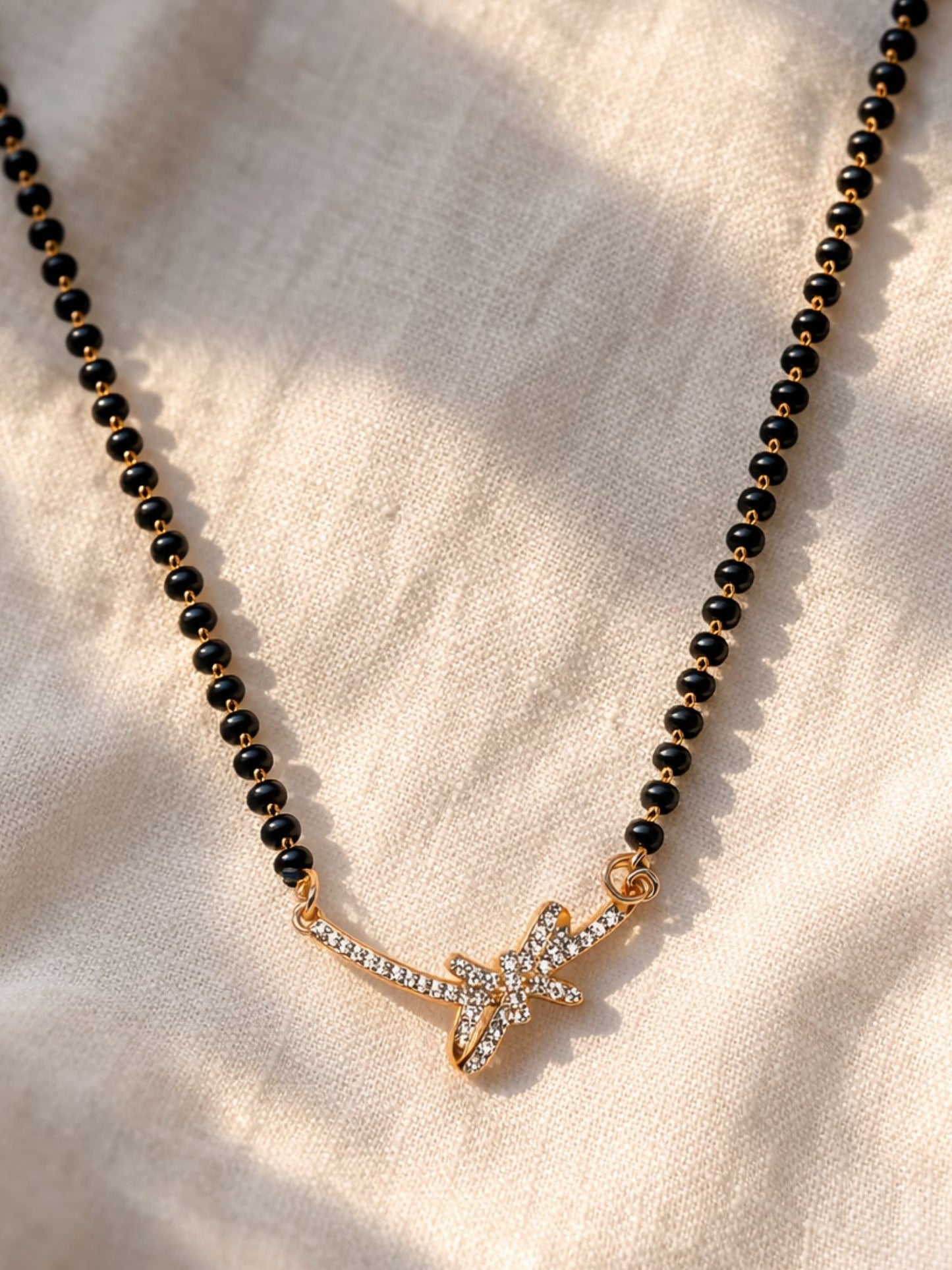 Gold Plated Diamond Bow Pendant Short Mangalsutra Design
