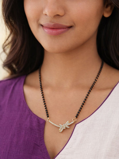 Gold Plated Diamond Bow Pendant Short Mangalsutra Design
