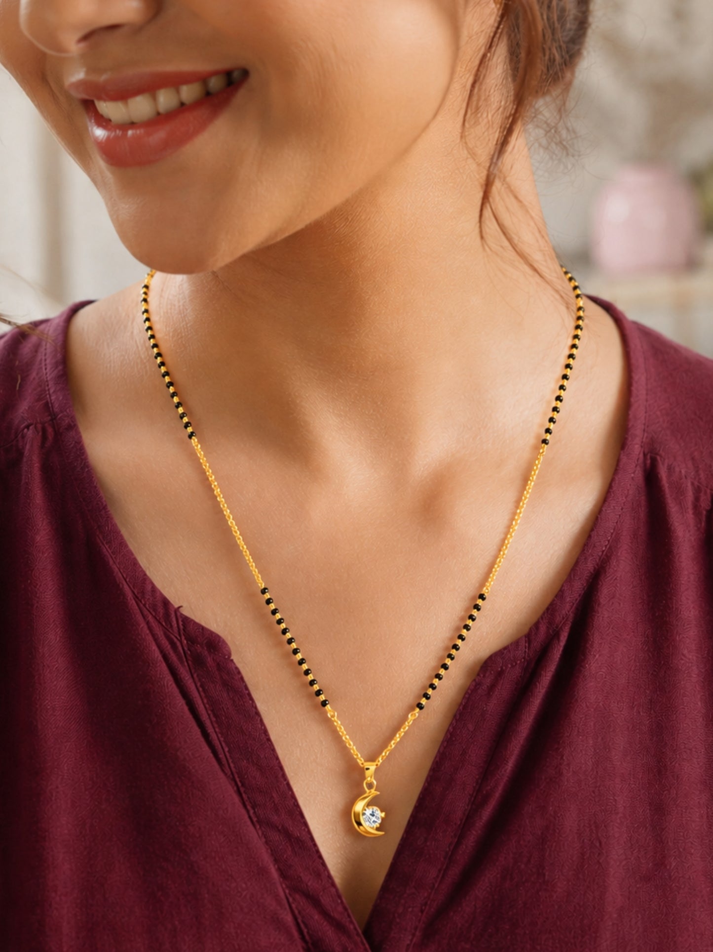 Gold Plated Crescent Moon Short Mangalsutra Design Necklace