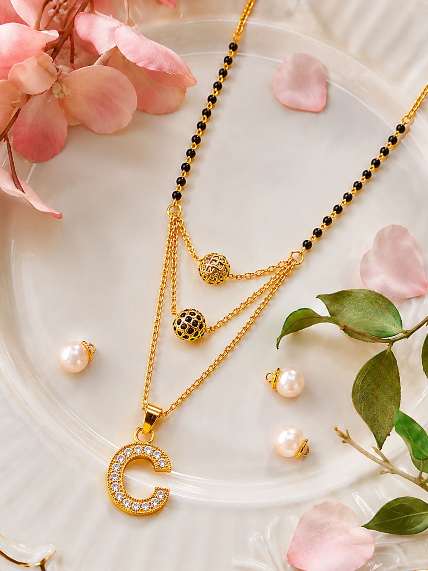 A-Z Letter With Black & White AD Ball Pendant Short Mangalsutra Name Mangalsutra