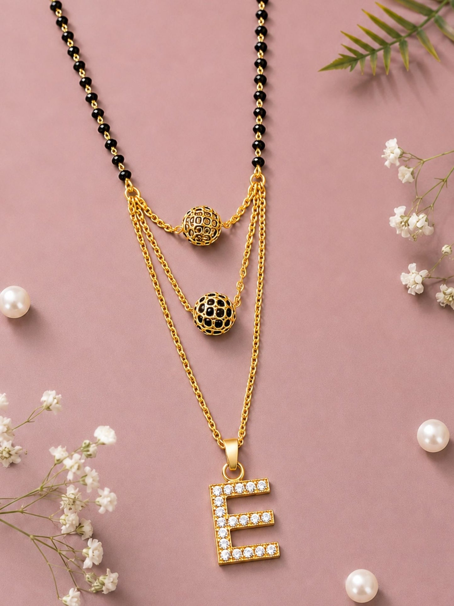 A-Z Letter With Black & White AD Ball Pendant Short Mangalsutra Name Mangalsutra