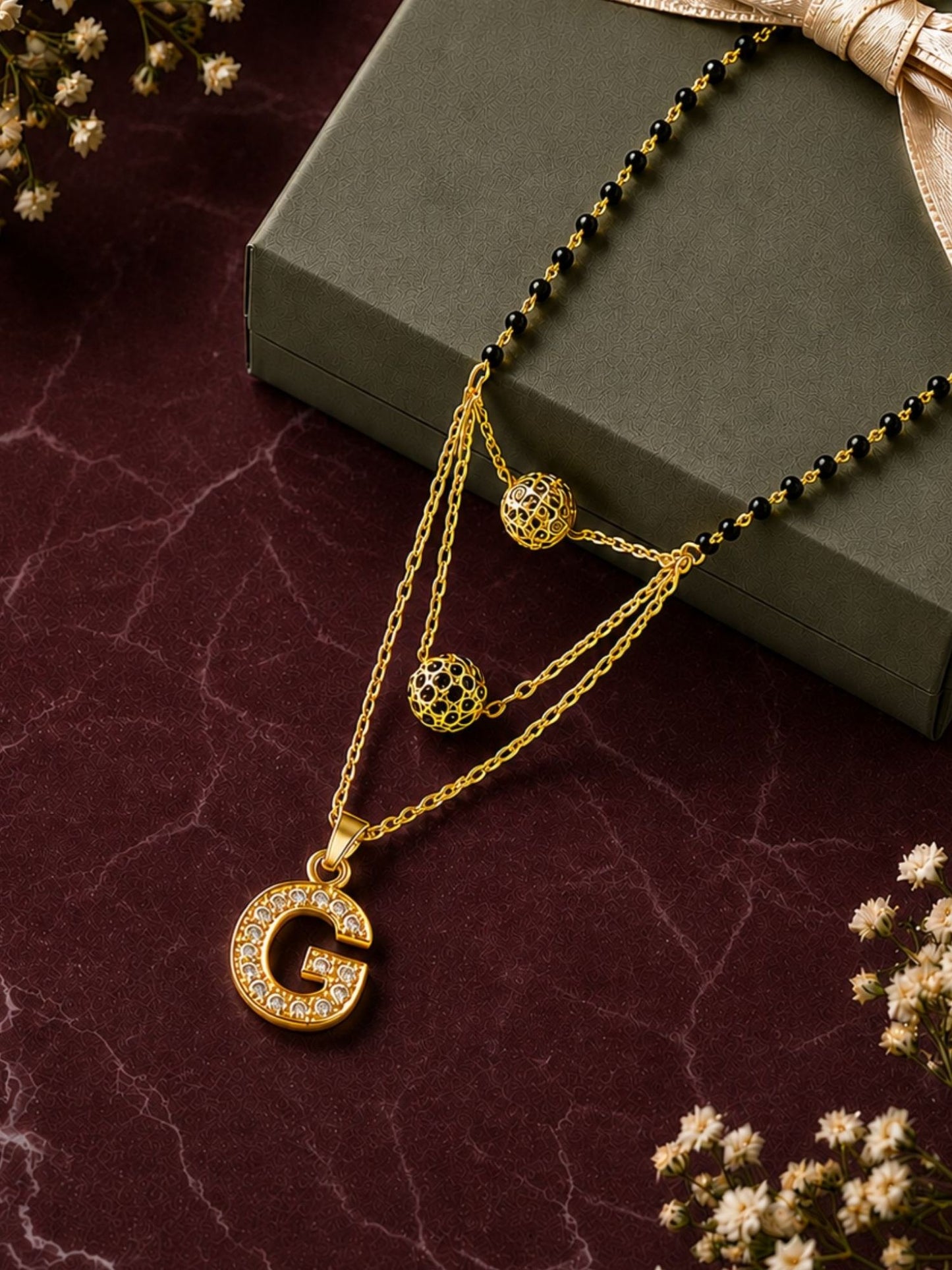 A-Z Letter With Black & White AD Ball Pendant Short Mangalsutra Name Mangalsutra