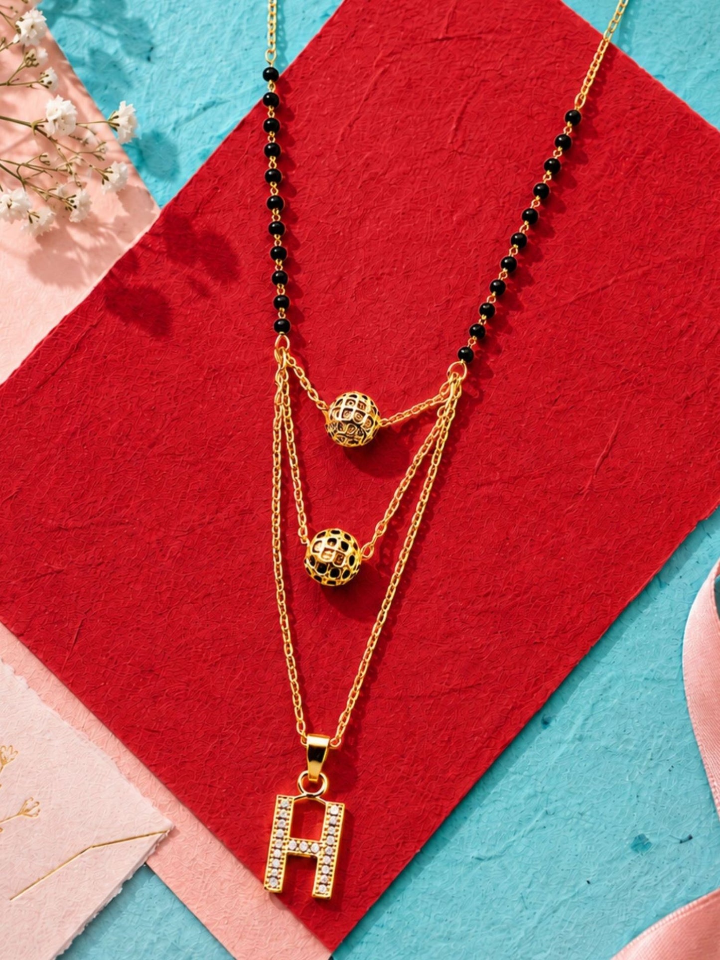 A-Z Letter With Black & White AD Ball Pendant Short Mangalsutra Name Mangalsutra