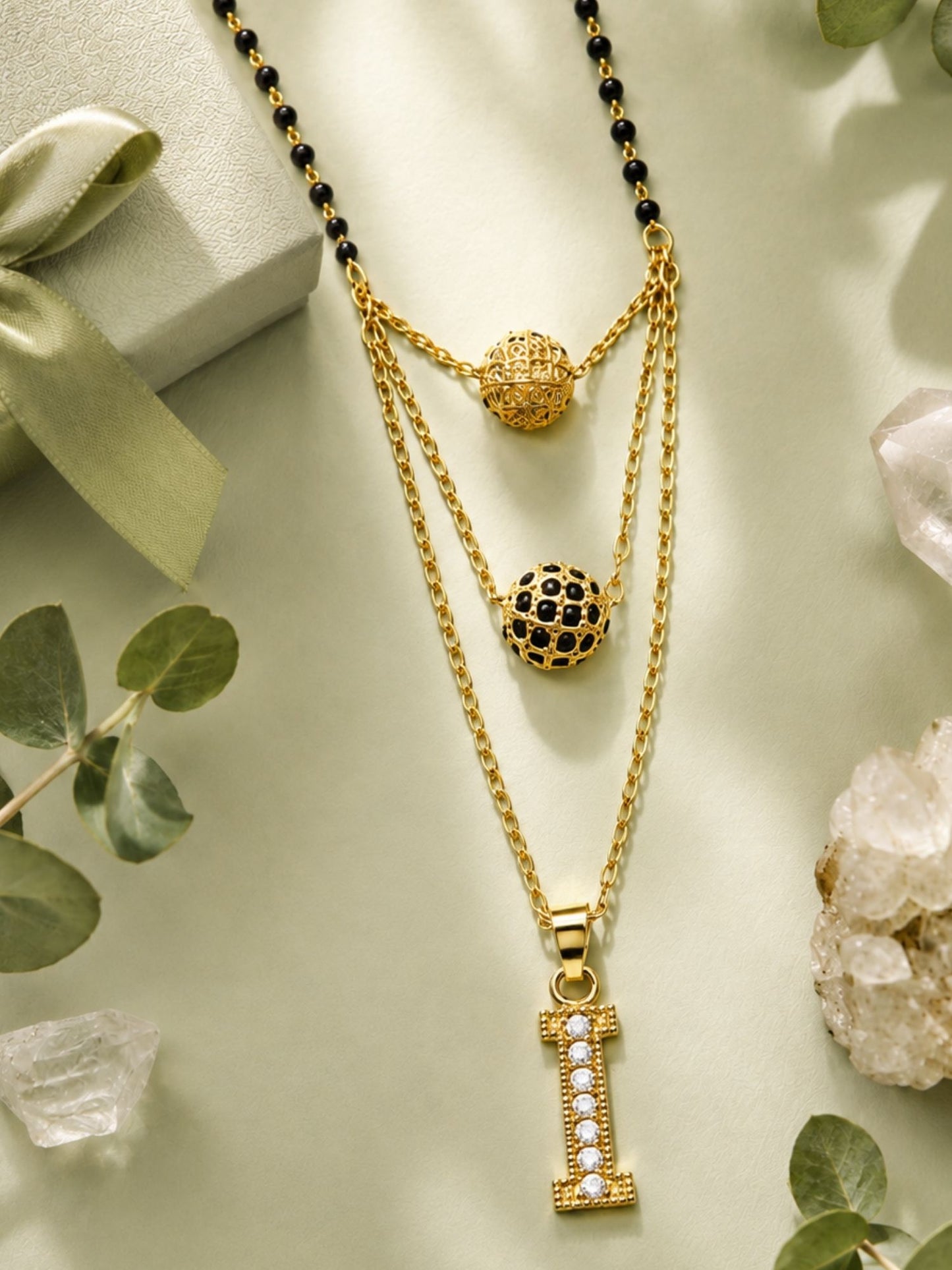 A-Z Letter With Black & White AD Ball Pendant Short Mangalsutra Name Mangalsutra