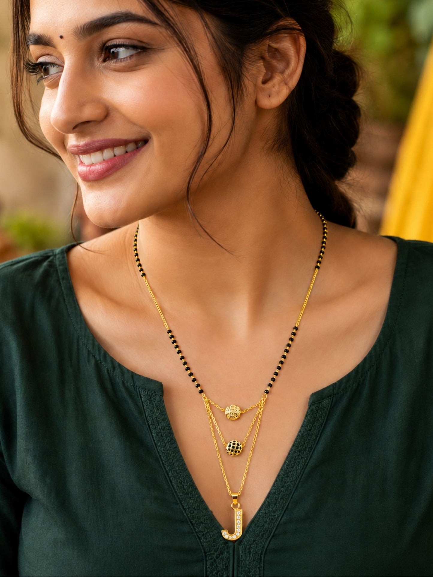 A-Z Letter With Black & White AD Ball Pendant Short Mangalsutra Name Mangalsutra