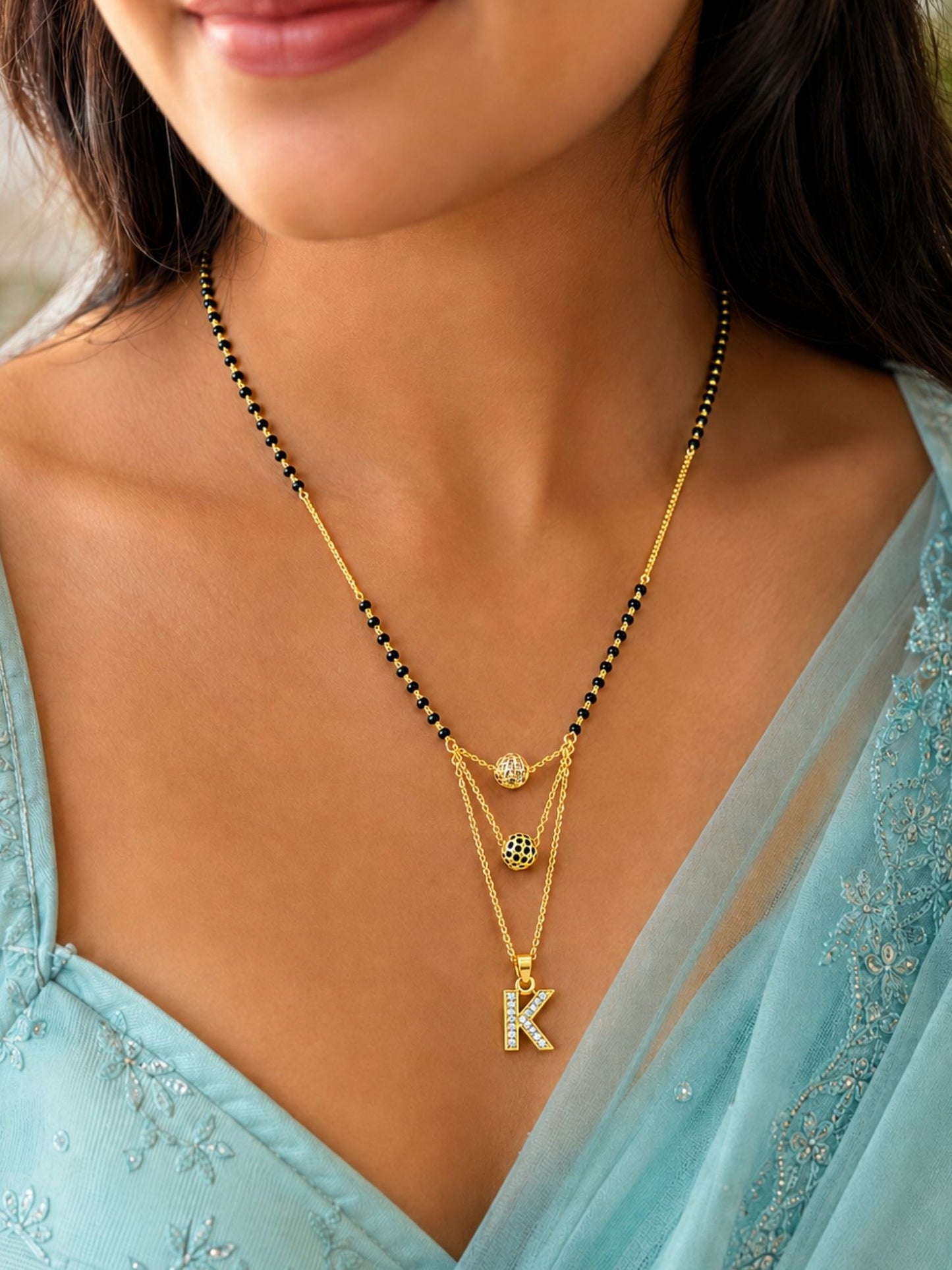 A-Z Letter With Black & White AD Ball Pendant Short Mangalsutra Name Mangalsutra