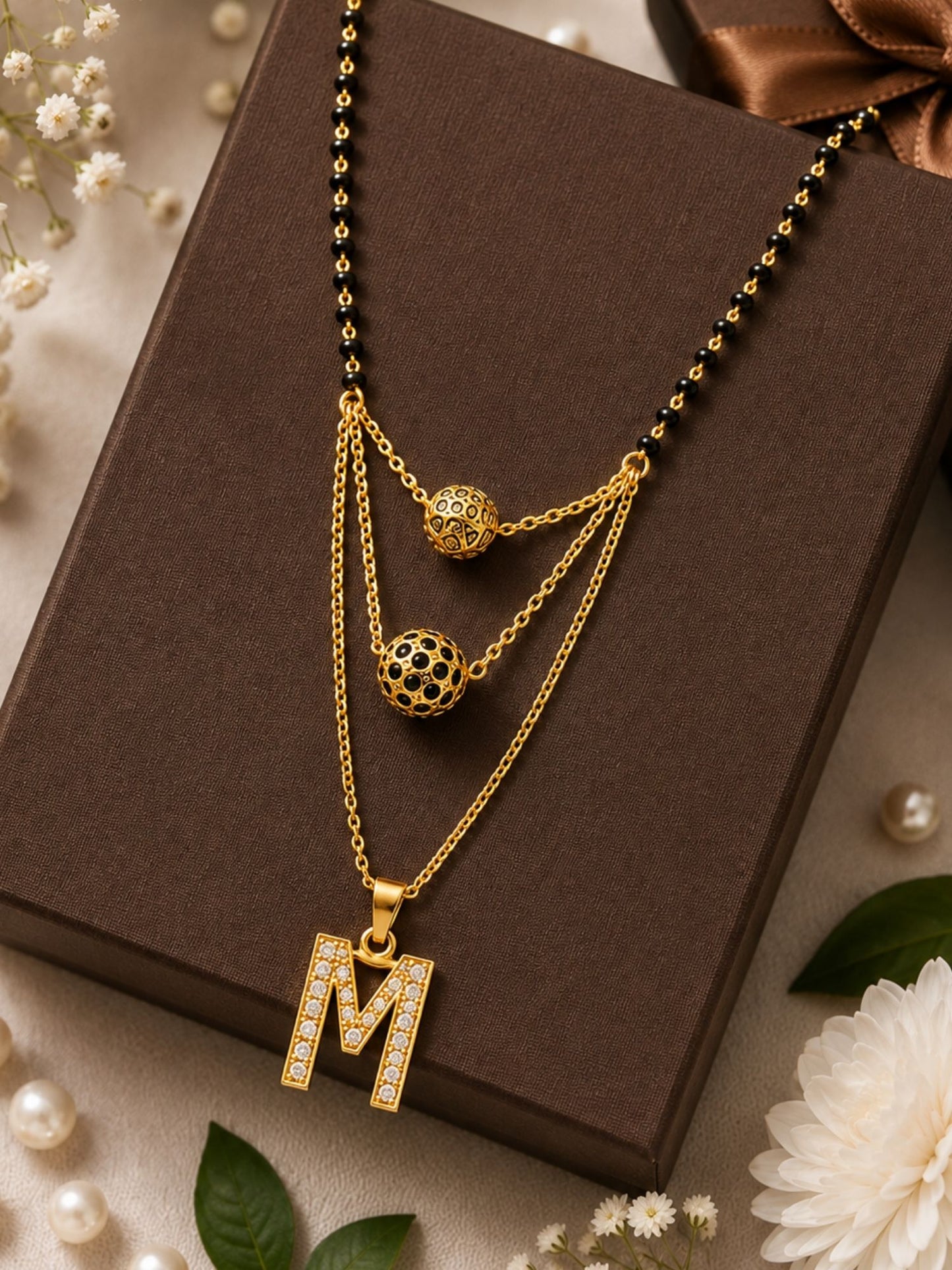 A-Z Letter With Black & White AD Ball Pendant Short Mangalsutra Name Mangalsutra