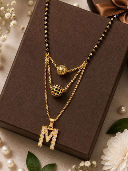 A-Z Letter With Black & White AD Ball Pendant Short Mangalsutra Name Mangalsutra