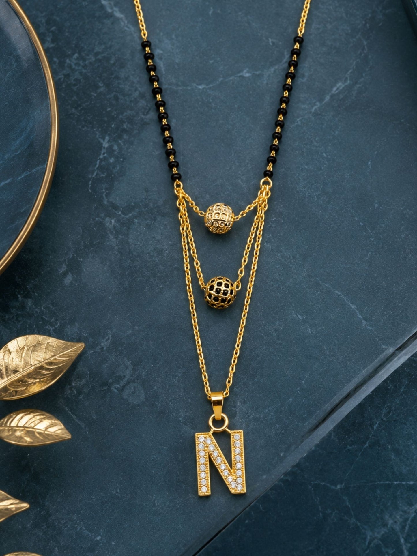 A-Z Letter With Black & White AD Ball Pendant Short Mangalsutra Name Mangalsutra