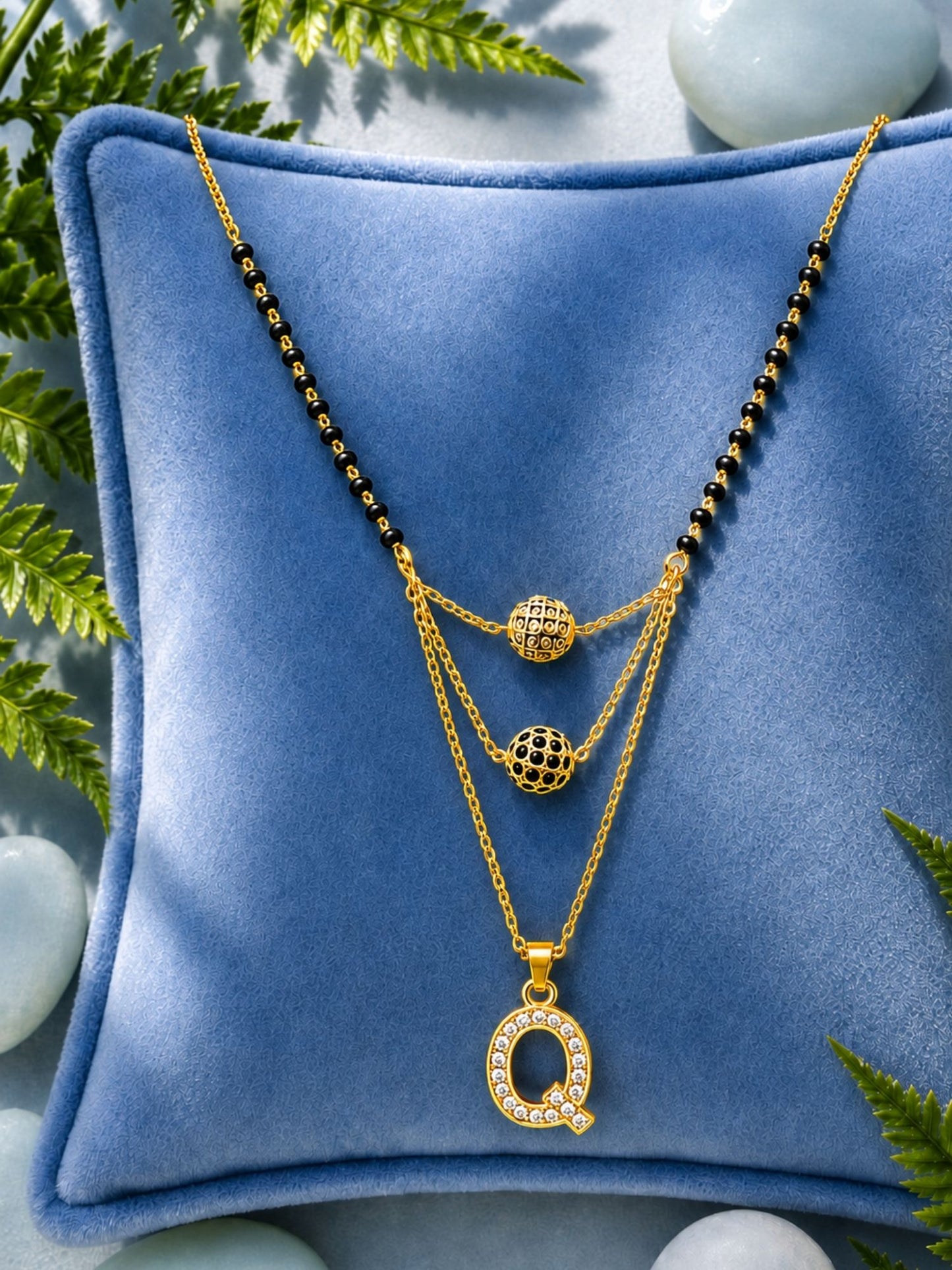 A-Z Letter With Black & White AD Ball Pendant Short Mangalsutra Name Mangalsutra