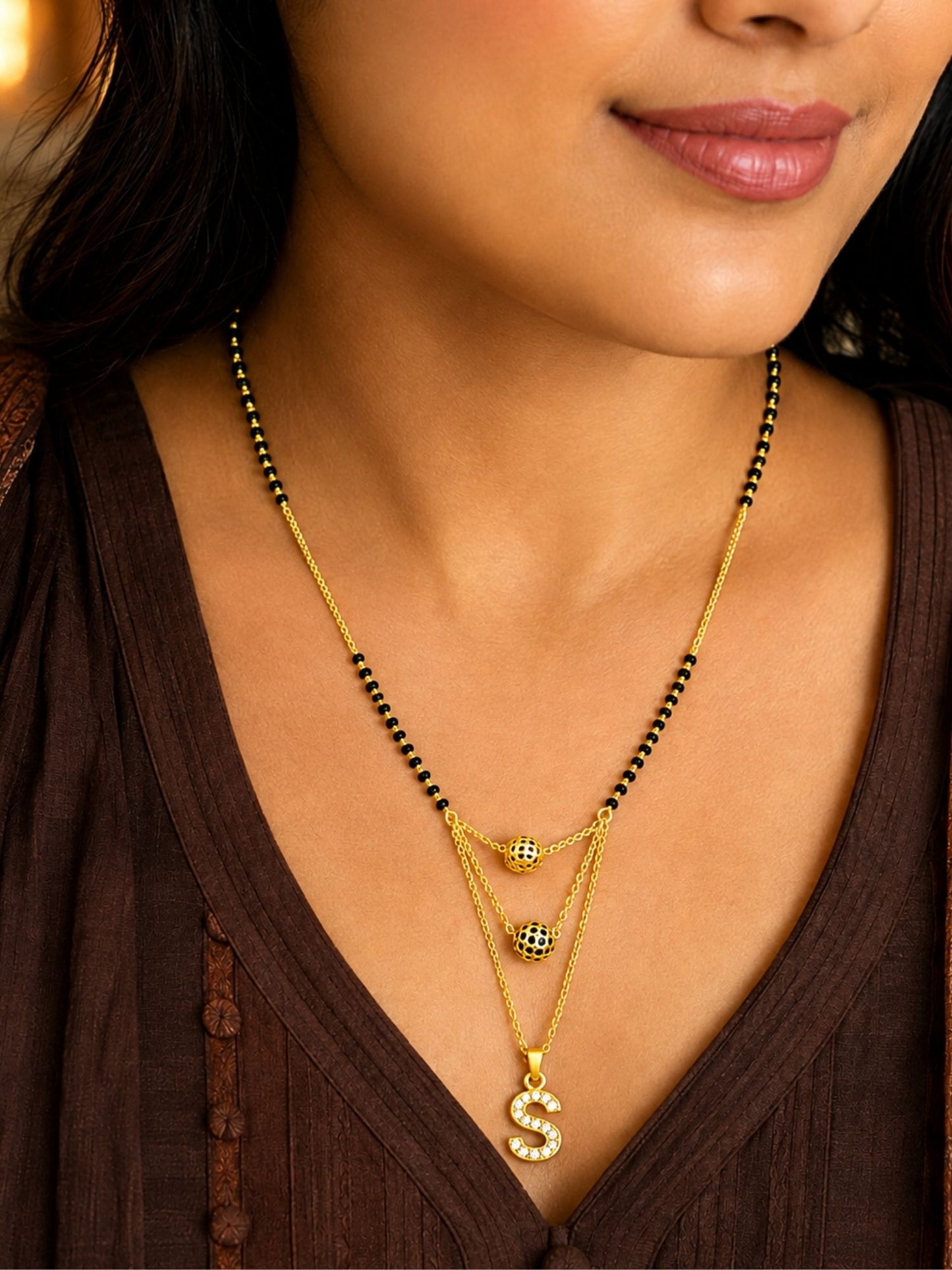 A-Z Letter With Black & White AD Ball Pendant Short Mangalsutra Name Mangalsutra