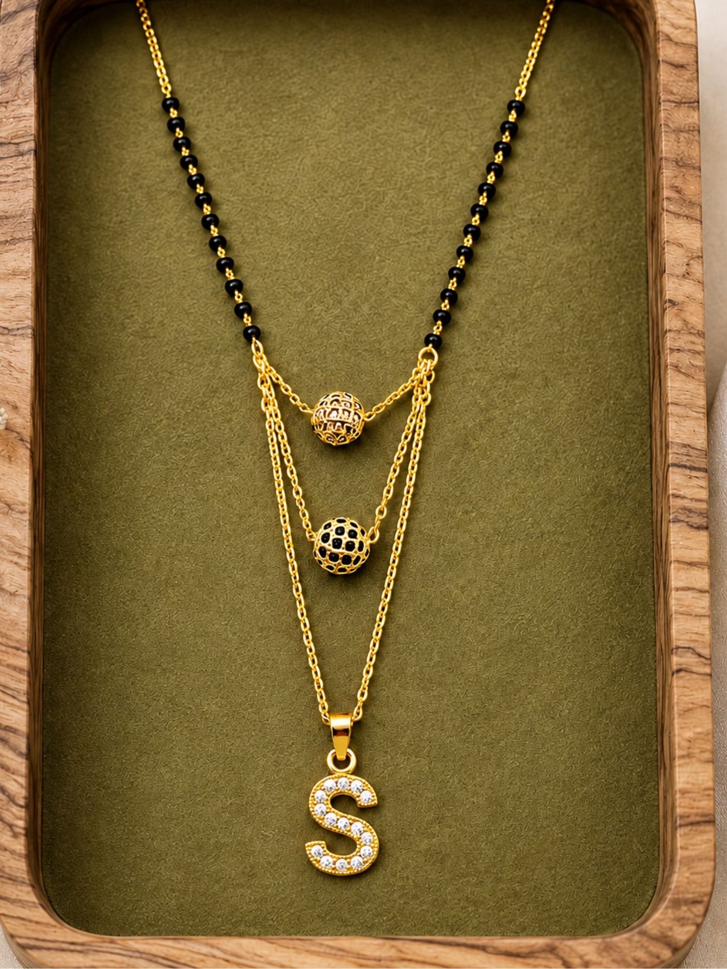A-Z Letter With Black & White AD Ball Pendant Short Mangalsutra Name Mangalsutra