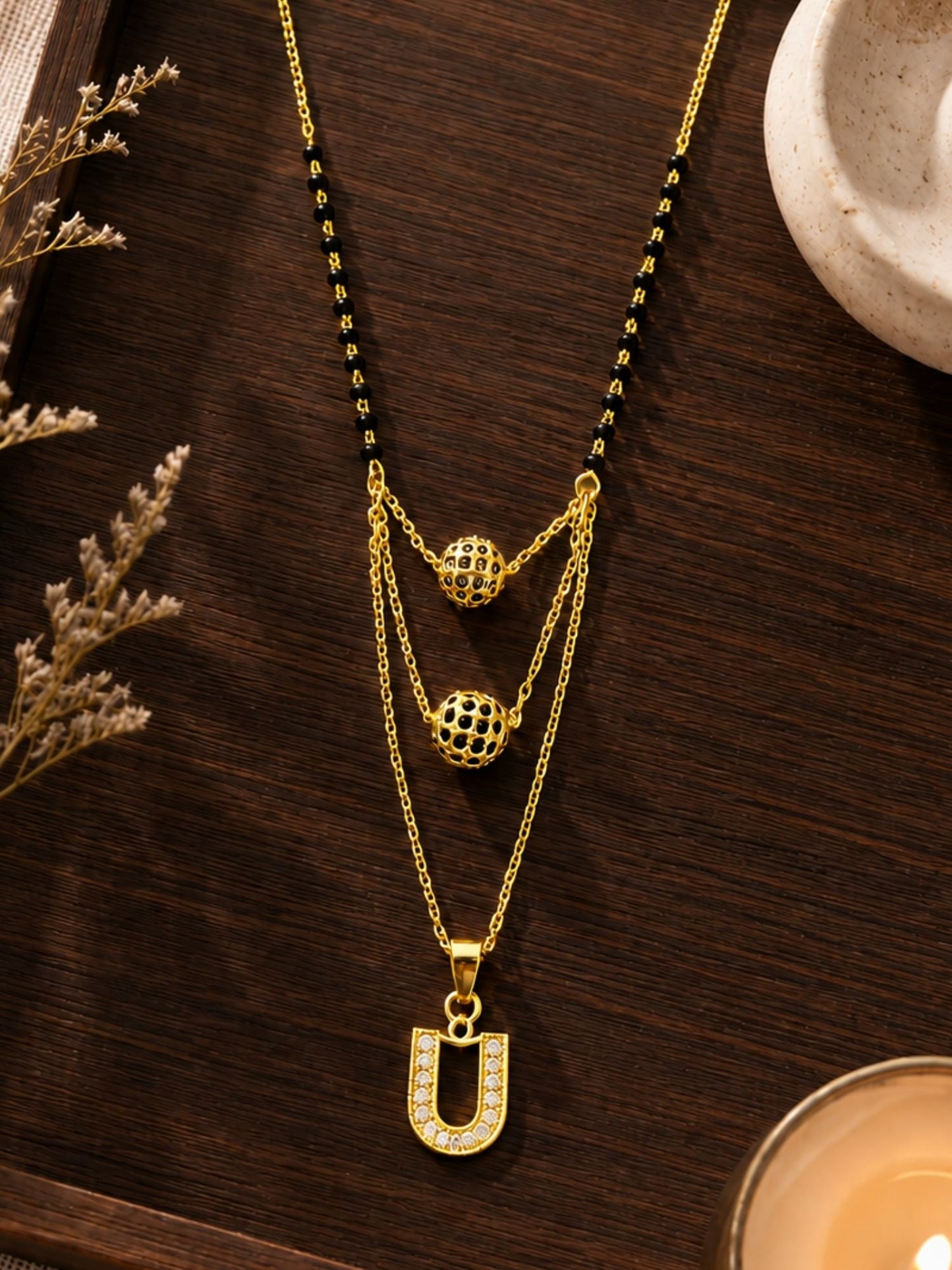 A-Z Letter With Black & White AD Ball Pendant Short Mangalsutra Name Mangalsutra