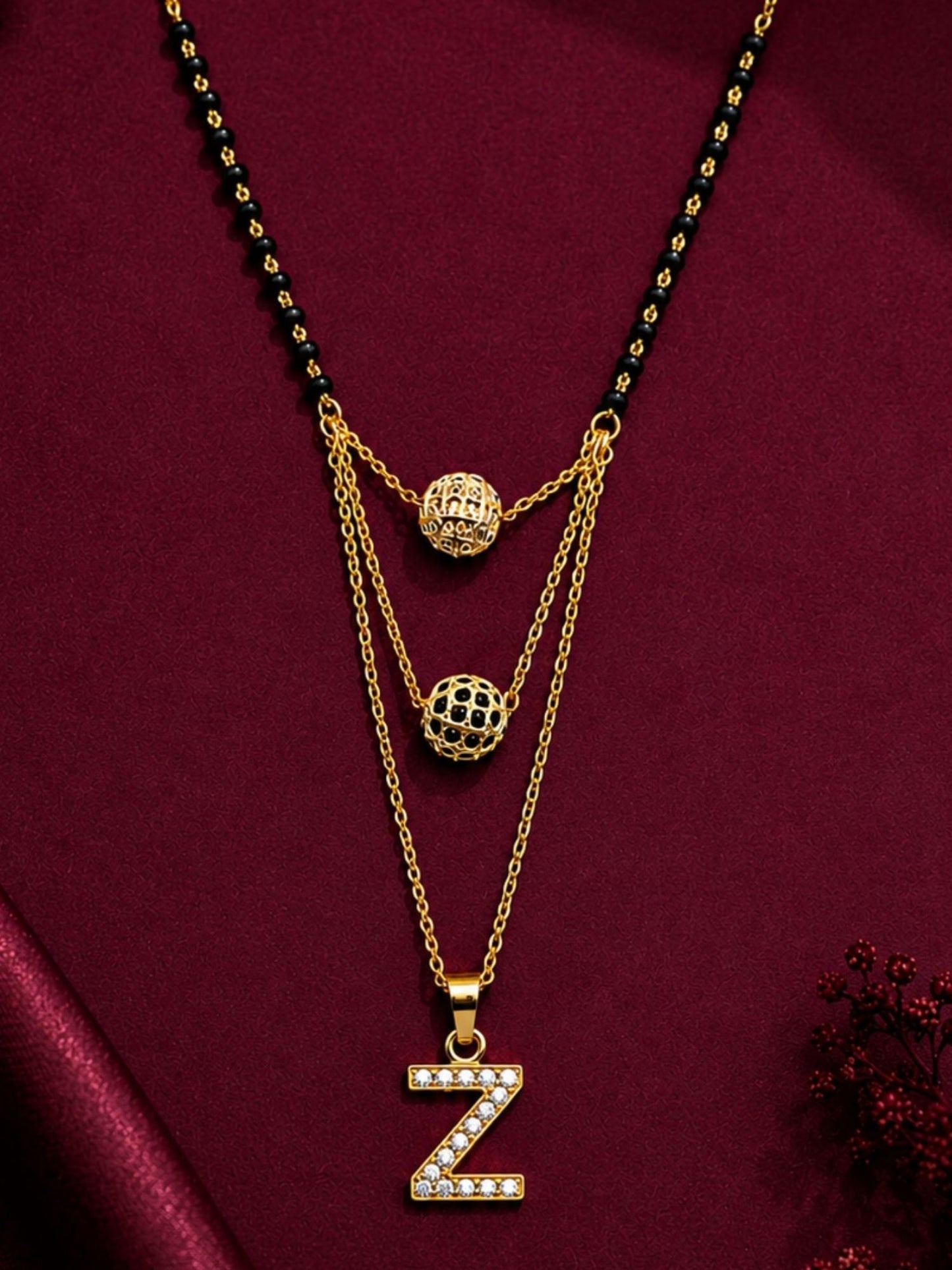 A-Z Letter With Black & White AD Ball Pendant Short Mangalsutra Name Mangalsutra