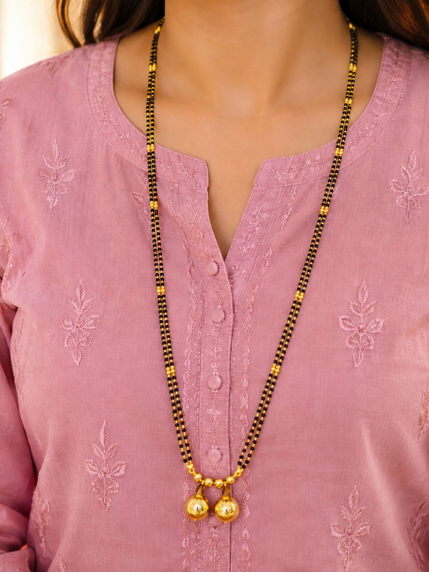 Long Mangalsutra Design with 2 Gold Vati Pendants.