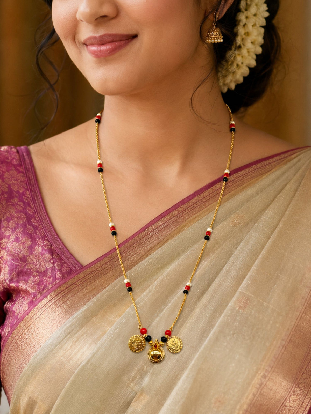 South Indian Long Mangalsutra Design - Coin Charms