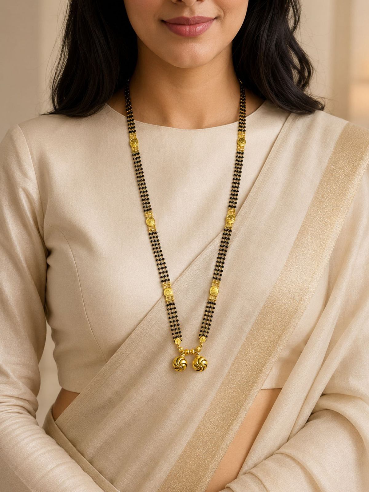 Four-Layer Black Bead Mangalsutra with Two Vatis
