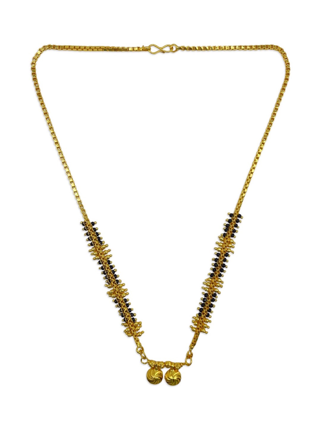 Short Mangalsutra Designs Gold Plated Latest 2 Vati Pendant Black & Gold Beads Traditional Mangalsutra