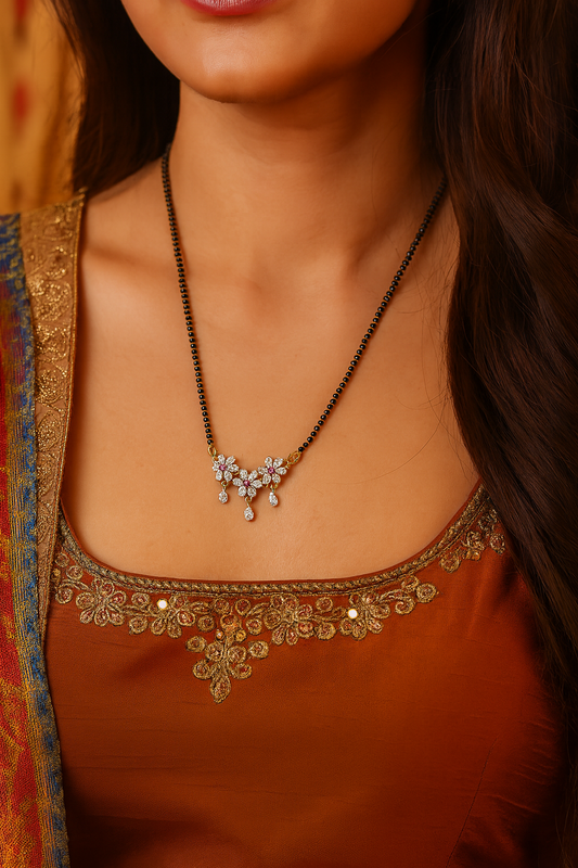 Short Mangalsutra Designs Gold Plated Latest American Diamond Flower Pendant Mangalsutra