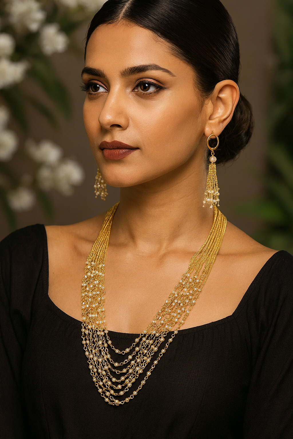 Gold Plated Jewelry Set with Multi Layer Gundla White Pearl Necklace with Hook Earrings