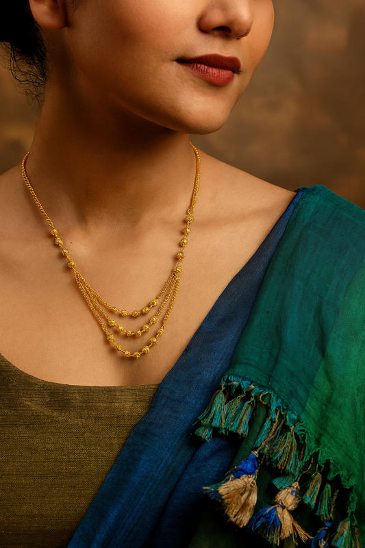 Gold Plated Necklace with Triple Chain 3 Layer Gundla Mala Big Golden Mani Necklace