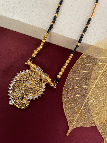 Long Mangalsutra Designs Peacock Pendant Gold Plated & Black Beads Chain For Women