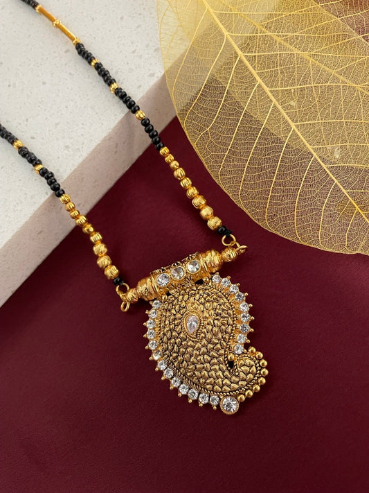 Long Mangalsutra Designs Peacock Pendant Gold Plated & Black Beads Chain For Women