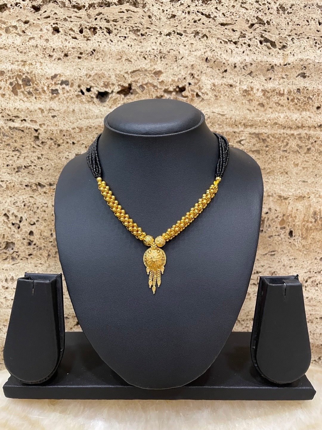 Gold Plated Maharashtrian Short Mangalsutra Floral Vati Pendant Black Bead Chain