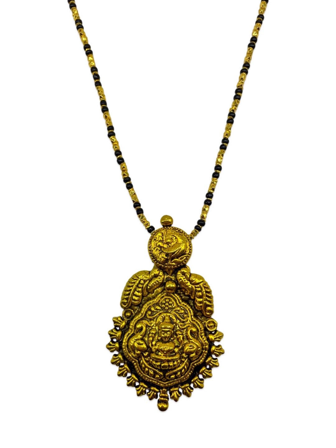 Gold Plated Maharashtrian Long Mangalsutra Laxmi Pendant Black Bead Chain