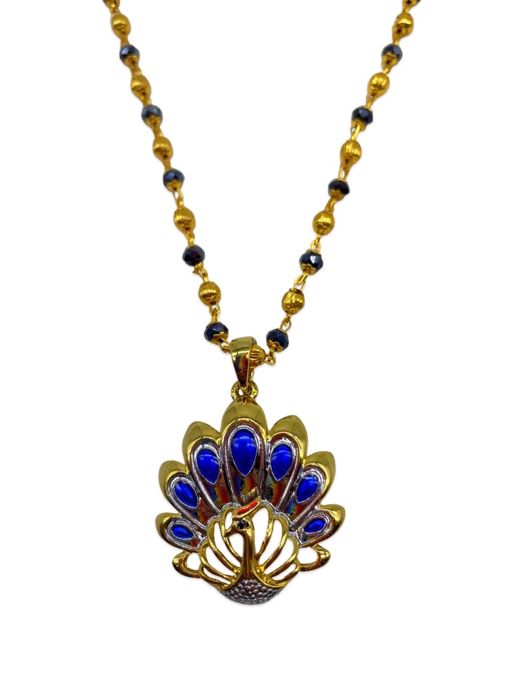 Gold Plated Maharashtrian Long Mangalsutra Blue Peacock Pendant Black Bead Chain