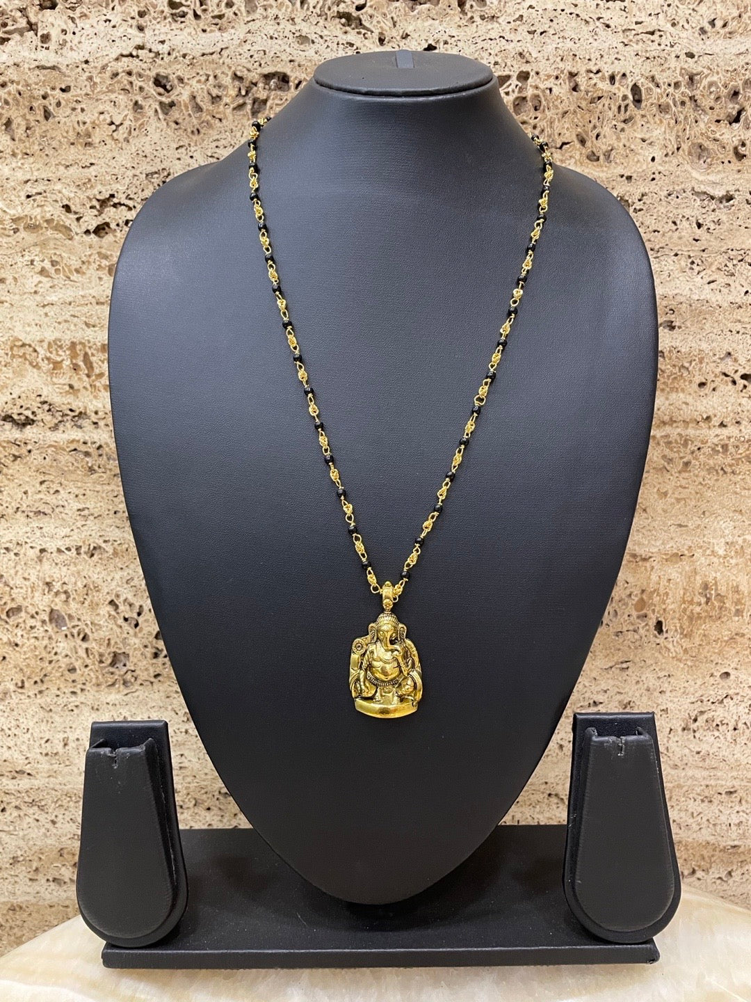 Gold Plated Maharashtrian Long Mangalsutra Lord Ganesha Pendant Black Bead Chain