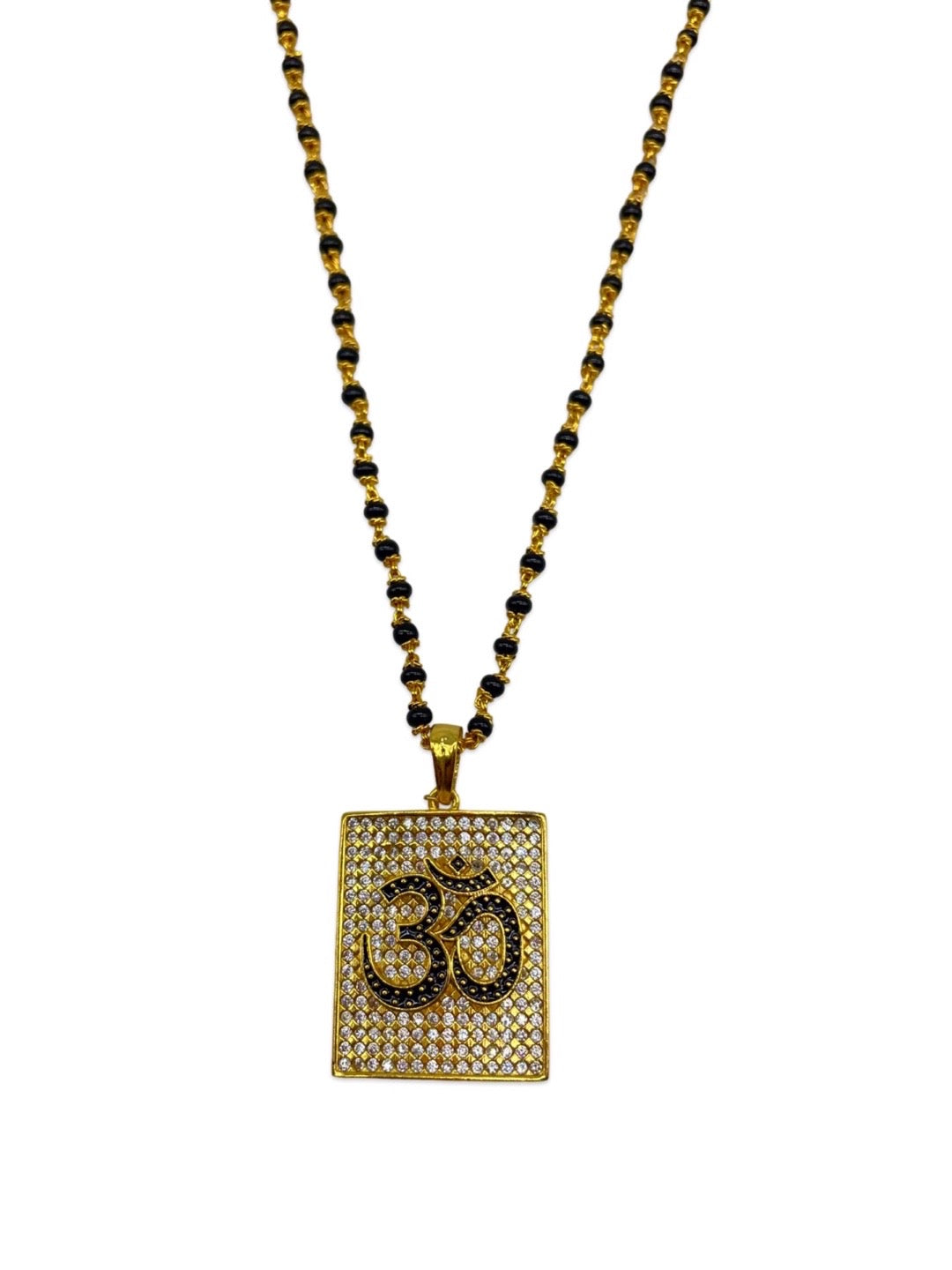 Gold Plated Maharashtrian Long Mangalsutra AD,OM Square Pendant Black Bead Chain