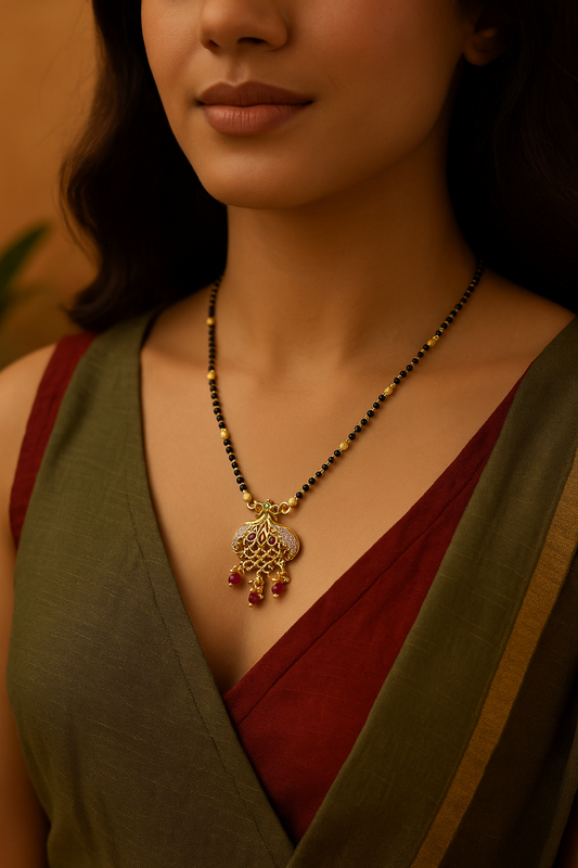 Short Mangalsutra American Diamond Multi Stone Peacock Pendant