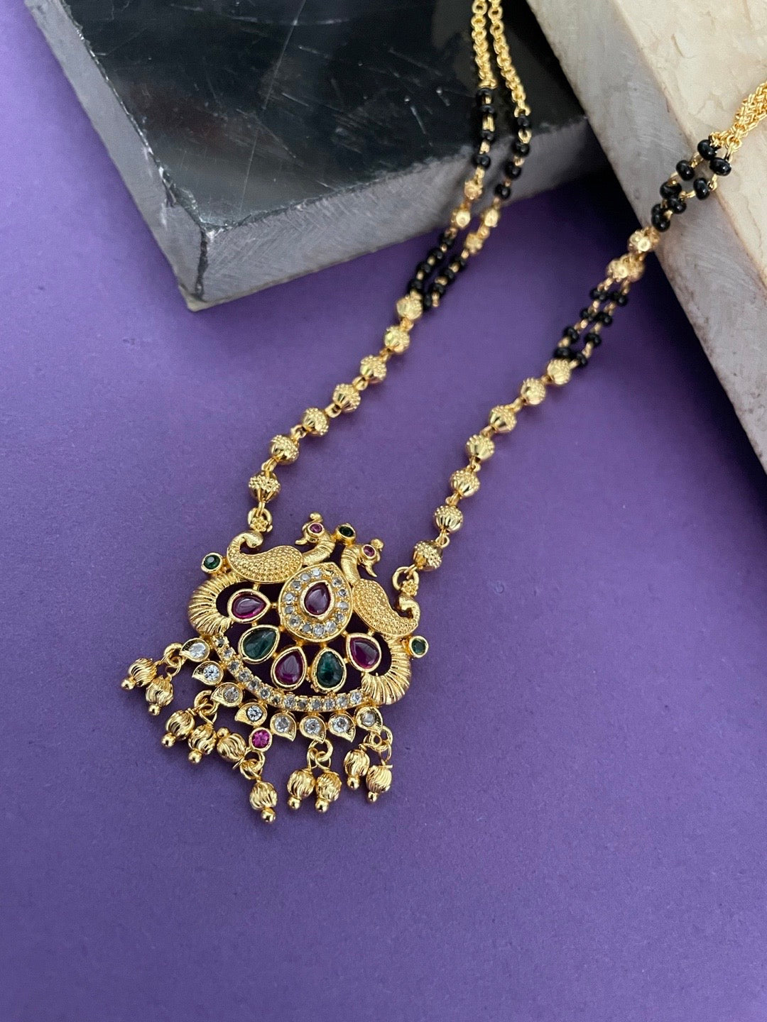 Short American Diamond Mangalsutra Peacock Pendant