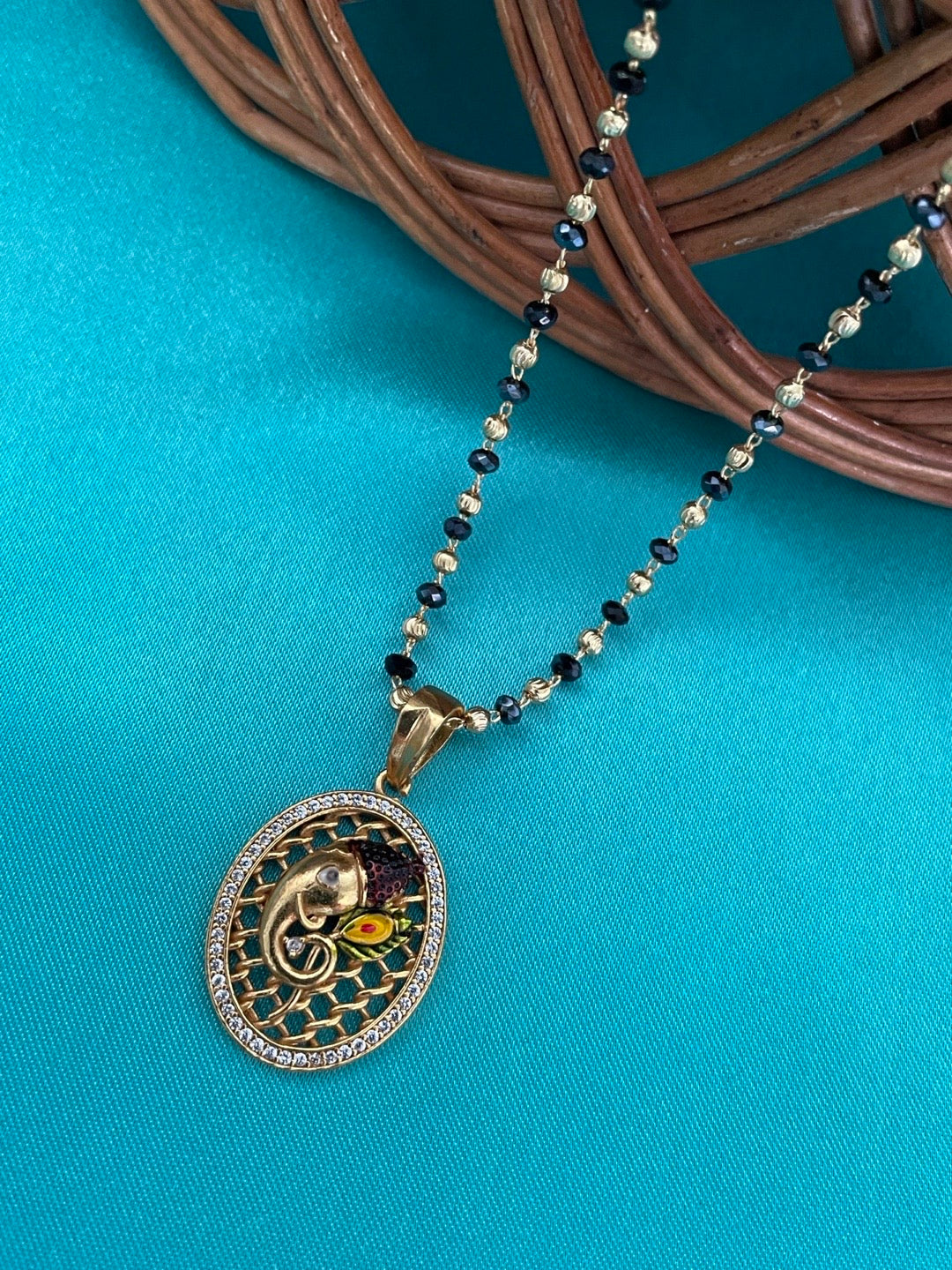 American Diamond Ganesha & Peacock Feather Short Mangalsutra Design