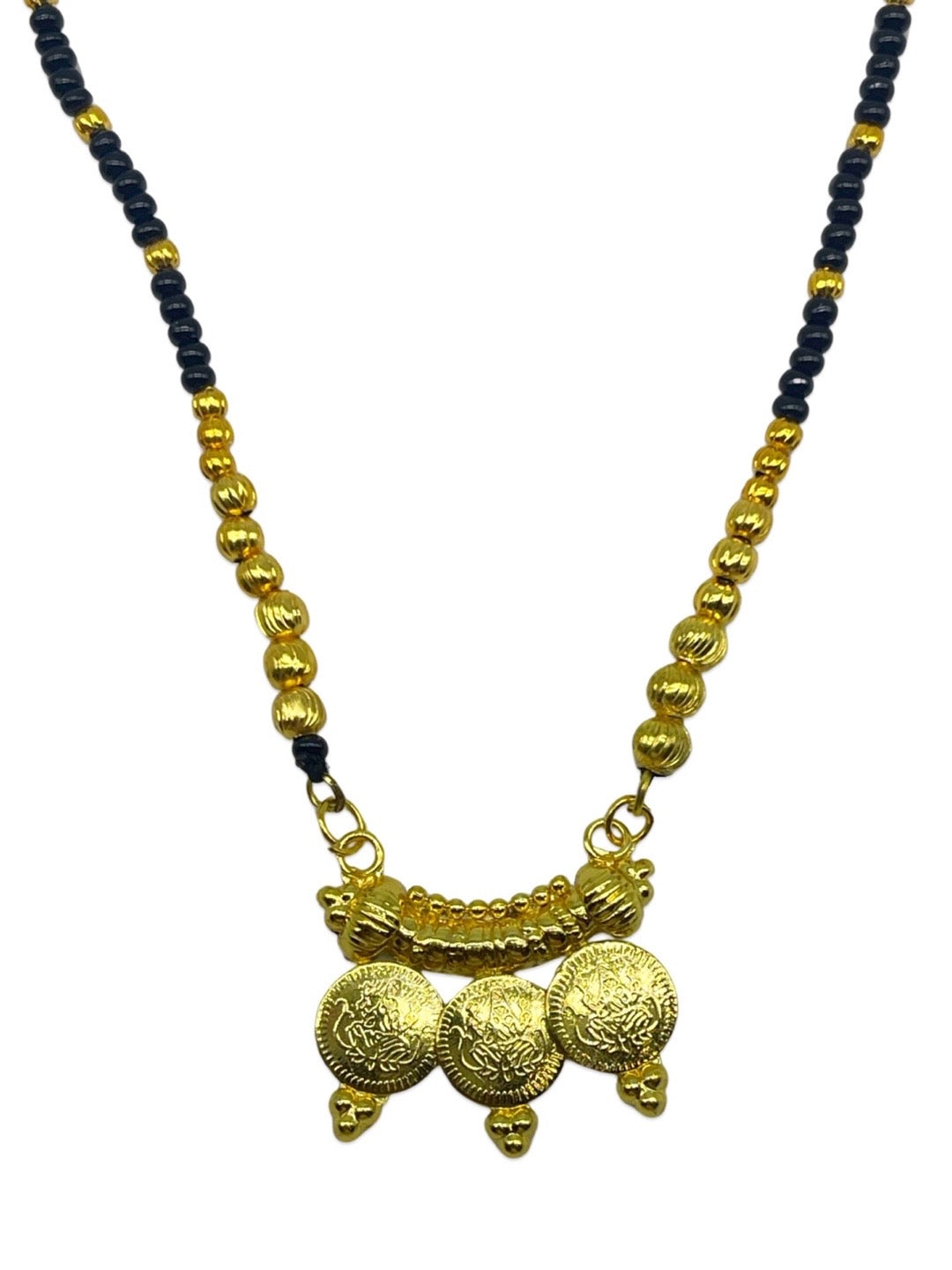 Short Mangalsutra Laxmi Pendant Gold Plated & Black Beads Designs Chain For Women