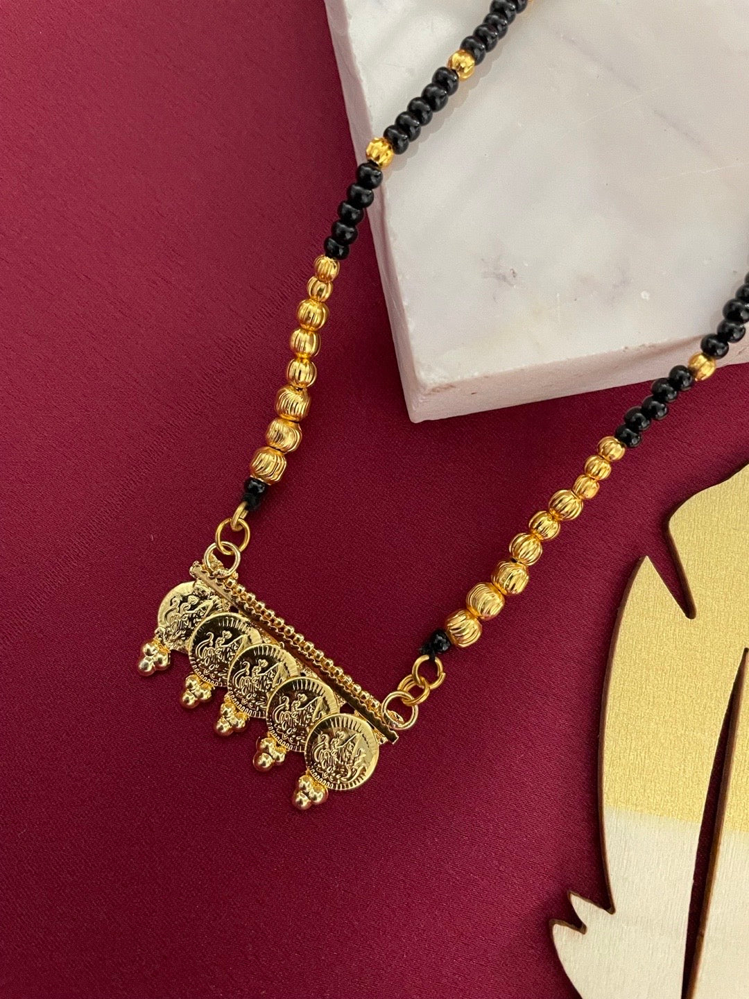 Short Mangalsutra Lakshmi Pendant Gold Plated & Black Beads Design Chain For Women