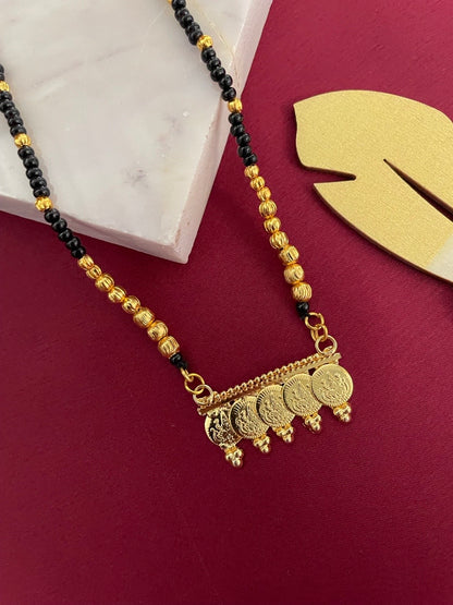 Short Mangalsutra Lakshmi Pendant Gold Plated & Black Beads Design Chain For Women